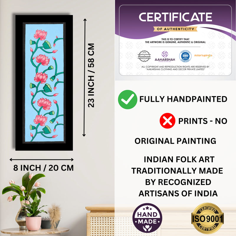 Framed artwork with dimensions, authenticity certificate and handmade iso certified-lotus pichwai painting