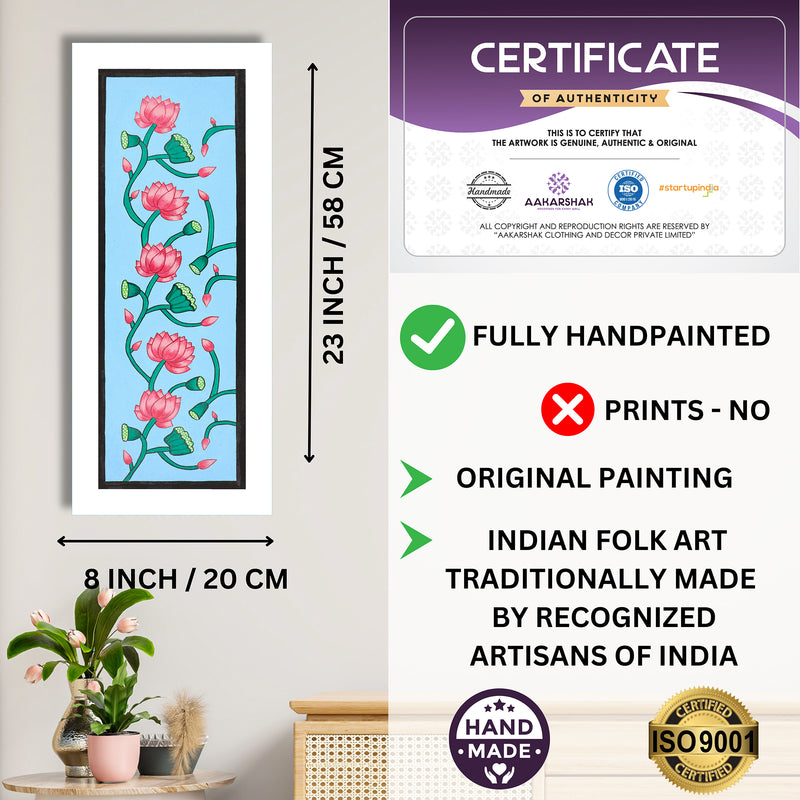 Framed artwork with dimensions, authenticity certificate and handmade iso certified-lotus pichwai painting