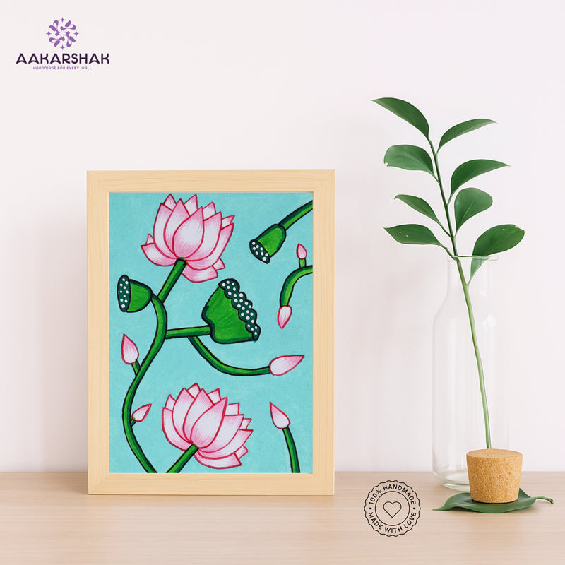 Handmade pichwai lotus painting-with tabletop stand for home decor