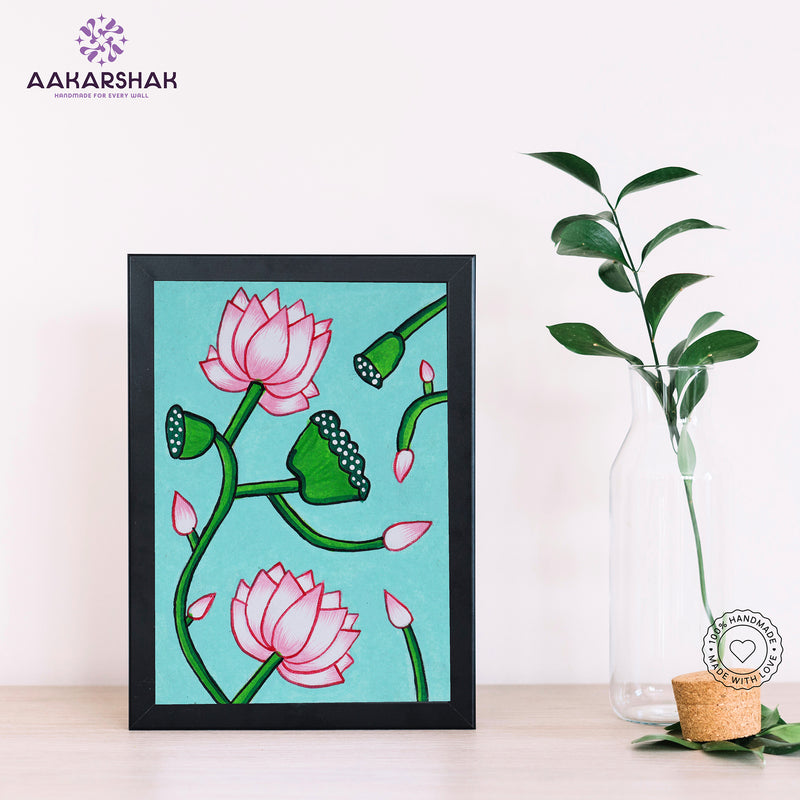 Handmade pichwai lotus painting-with tabletop stand for home decor