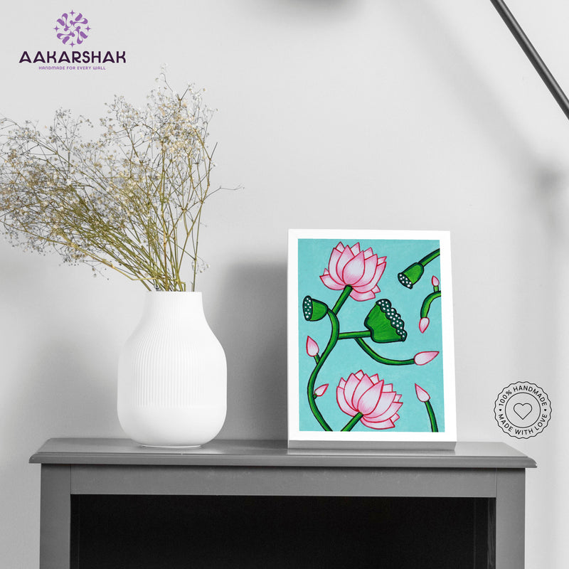 Handmade pichwai lotus painting-with tabletop stand for home decor