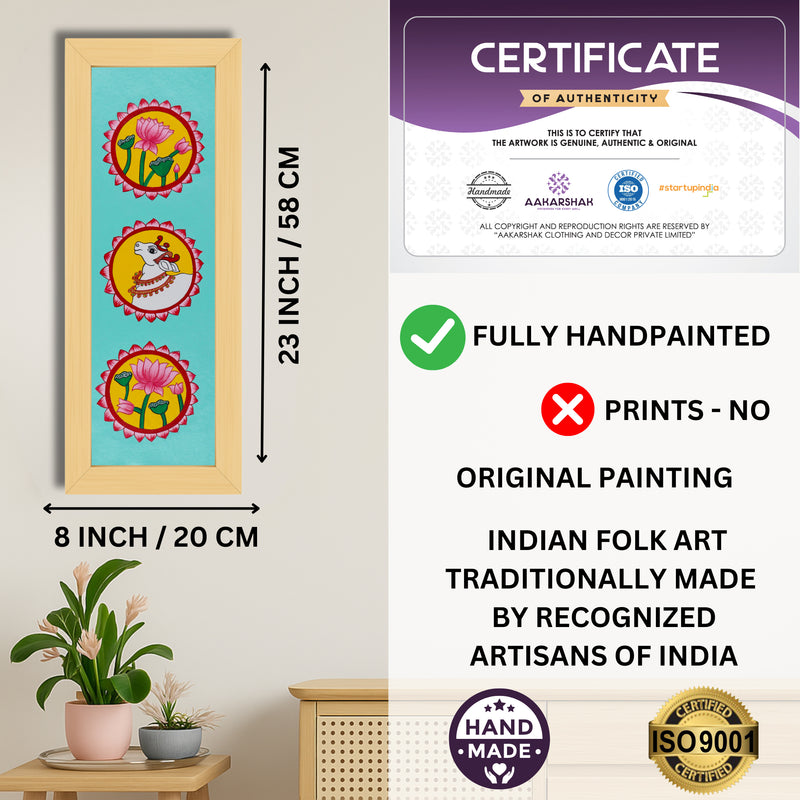 Framed artwork with dimensions, authenticity certificate and handmade iso certified-lotus and cow pichwai painting