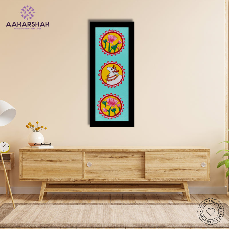 Framed artwork with lotus and cow design-handmade pichwai painting for home decor