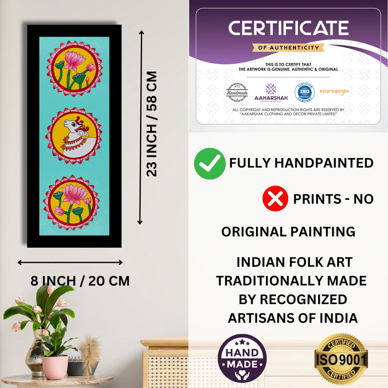 Framed artwork with dimensions, authenticity certificate and handmade iso certified-lotus and cow pichwai painting