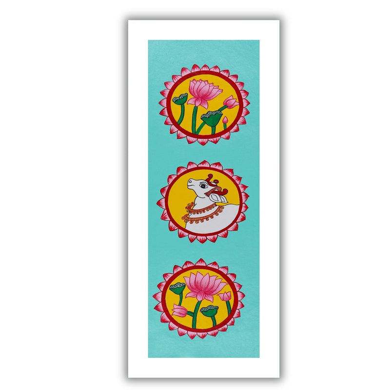 Framed artwork of a colorful lotus and cow-with handmade pichwai painting