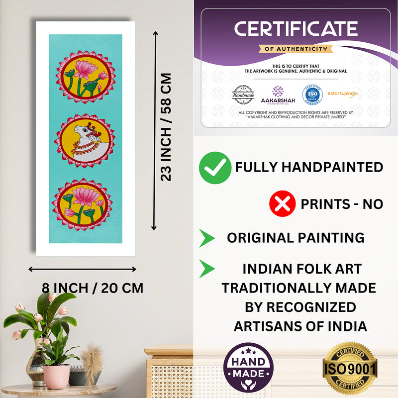 Framed artwork with dimensions, authenticity certificate and handmade iso certified-lotus and cow pichwai painting