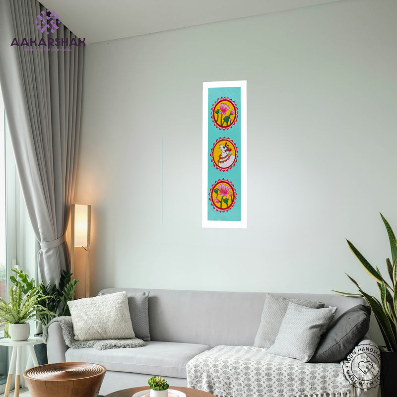 vibrant handmade lotus and cow painting-depicting indian folk traditions