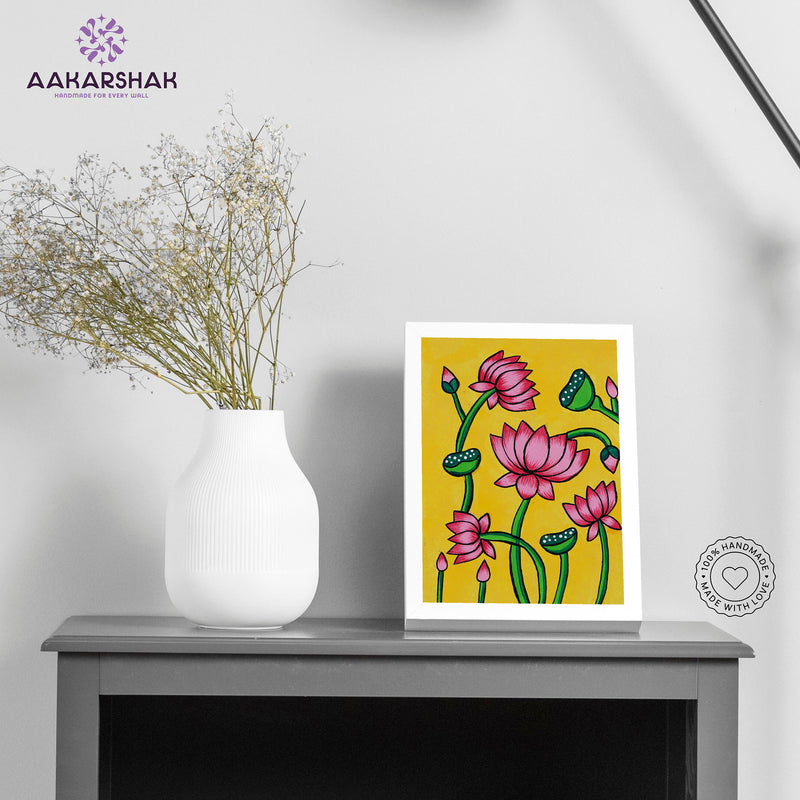 Handmade pichwai lotus painting-with tabletop stand for home decor