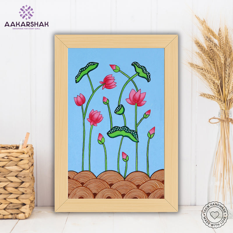 handmade pichwai lotus painting-with tabletop stand for home decor