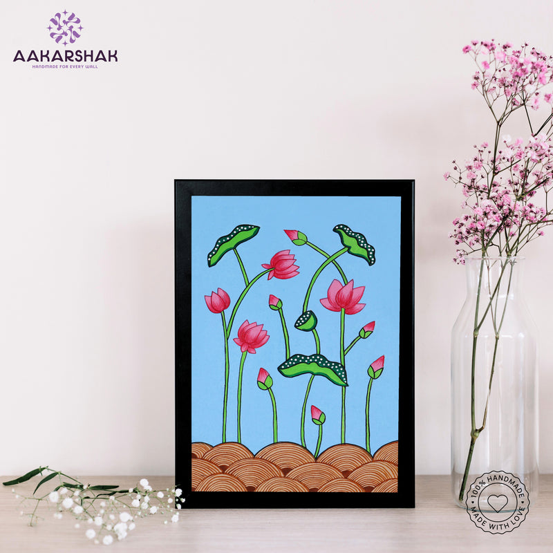 handmade pichwai lotus painting-with tabletop stand for home decor