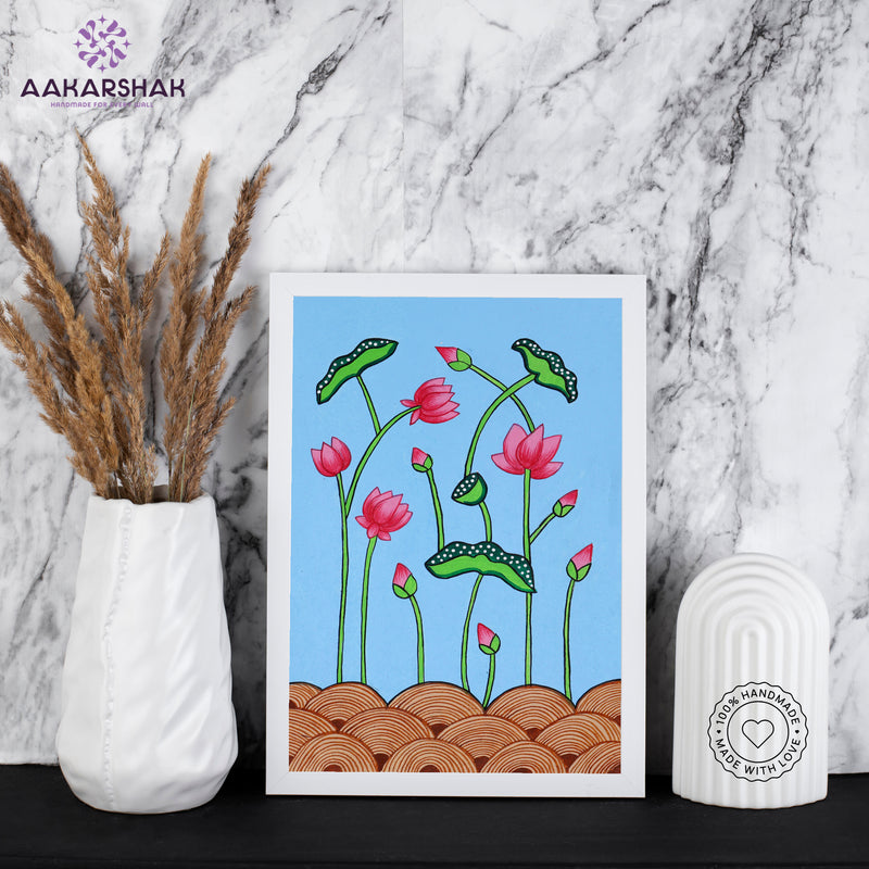 handmade pichwai lotus painting-with tabletop stand for home decor
