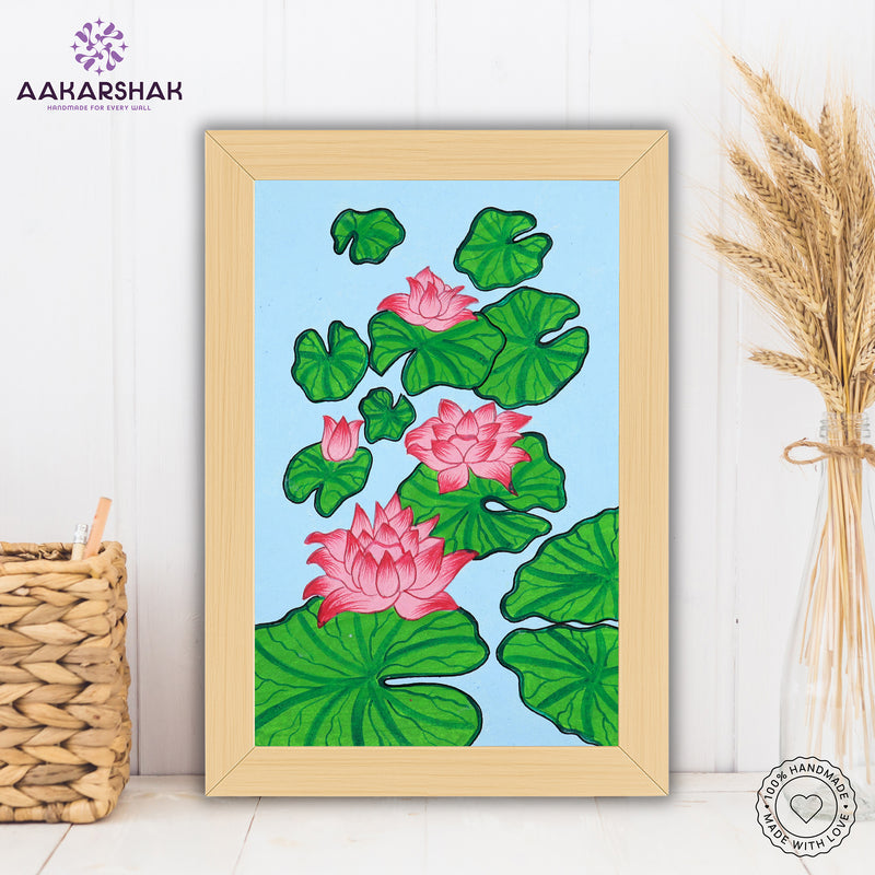 handmade pichwai lotus painting-with tabletop stand for home decor