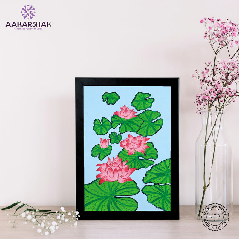handmade pichwai lotus painting-with tabletop stand for home decor