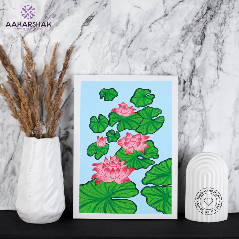 handmade pichwai lotus painting-with tabletop stand for home decor