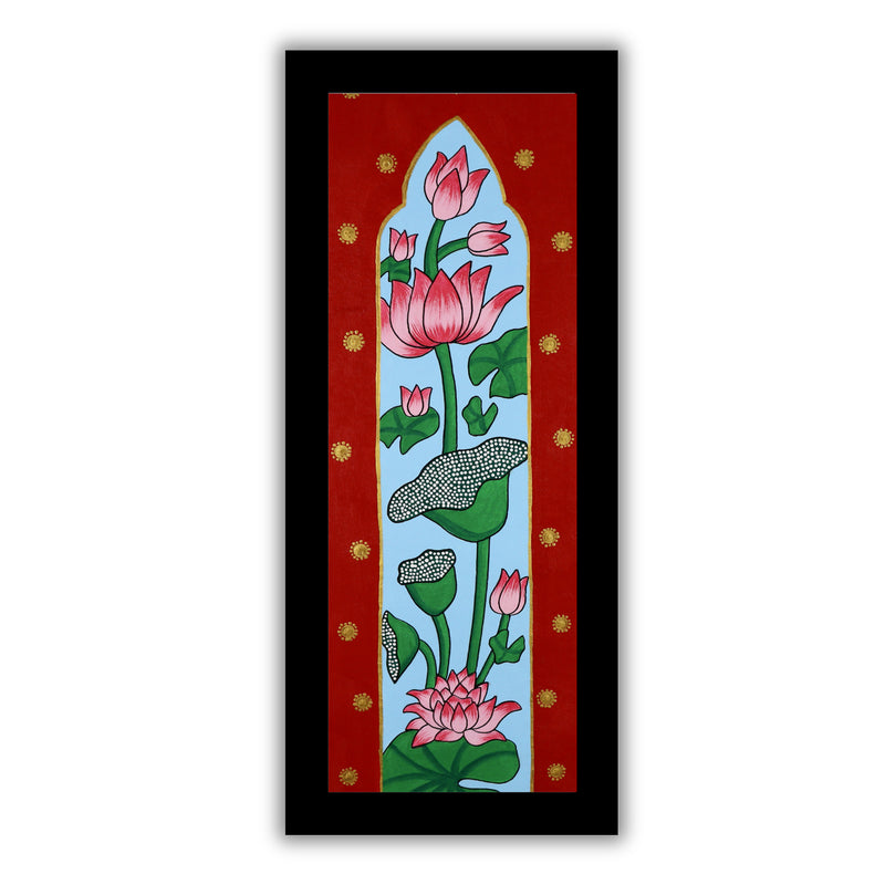 Framed artwork of a colorful lotus-with handmade pichwai painting