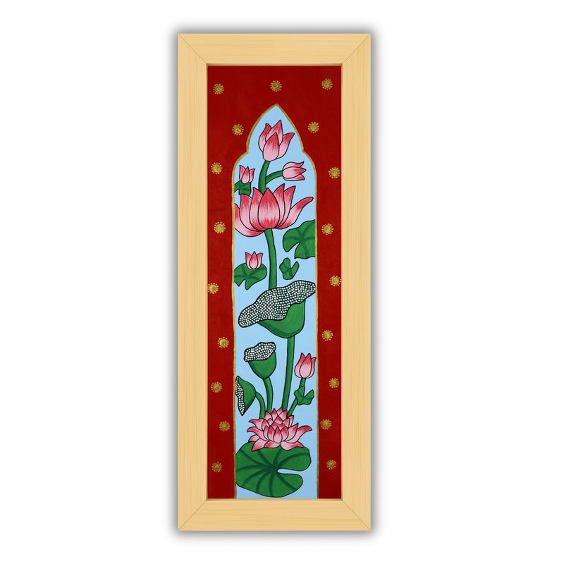Framed artwork of a colorful lotus-with handmade pichwai painting