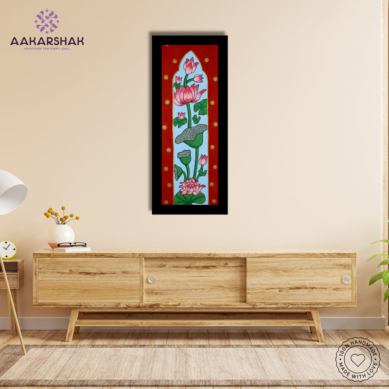 Framed artwork with lotus design -handmade pichwai painting for home decor