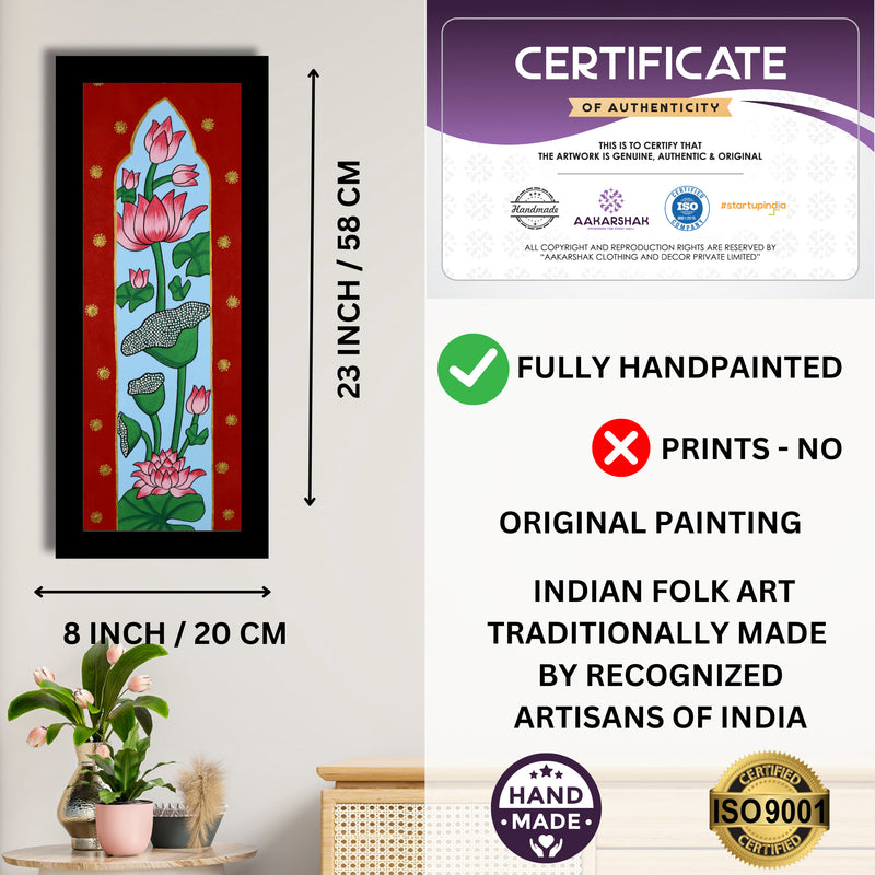 Framed artwork with dimensions, authenticity certificate and handmade iso certified-lotus pichwai painting
