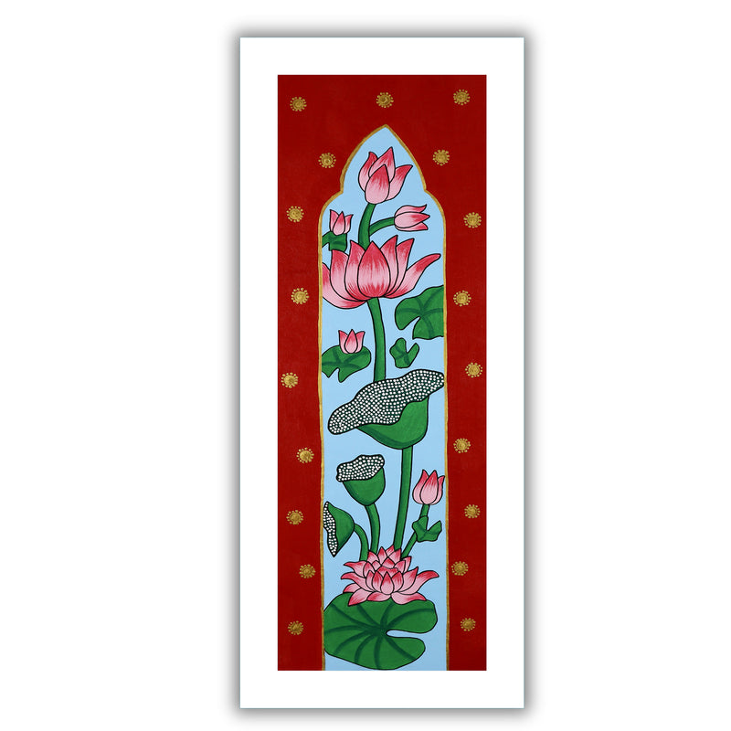 Framed artwork of a colorful lotus-with handmade pichwai painting