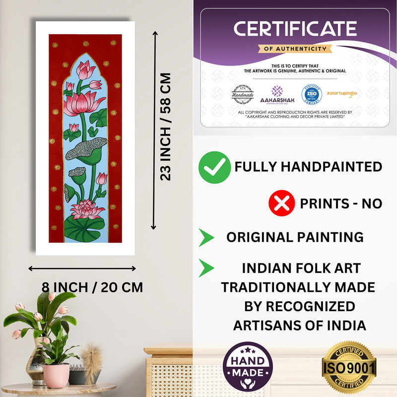 Framed artwork with dimensions, authenticity certificate and handmade iso certified-lotus pichwai painting