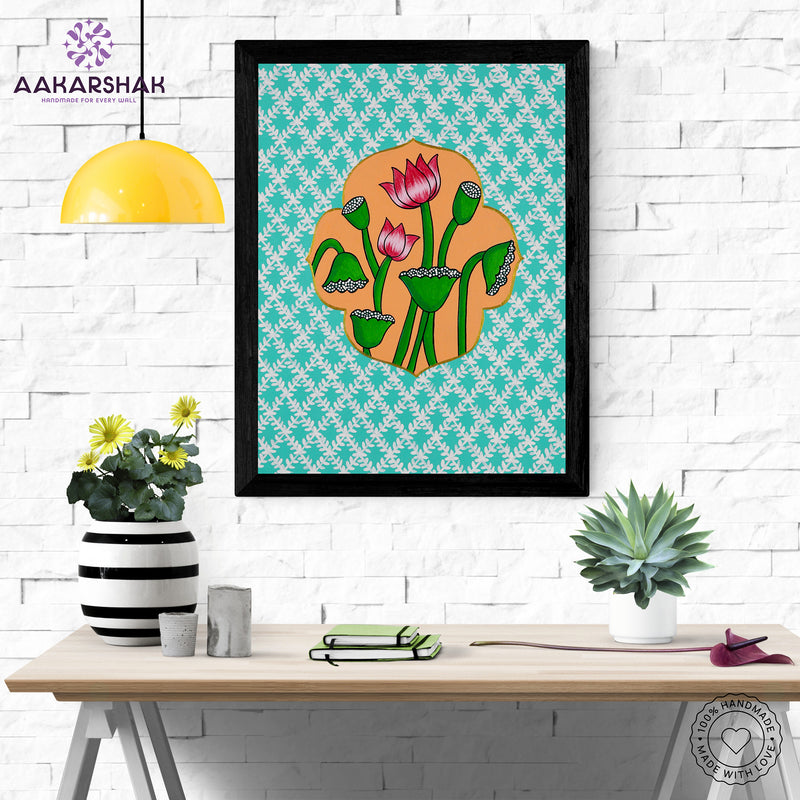 Framed artwork with lotus design on a light blue background-handmade pichwai painting for home decor