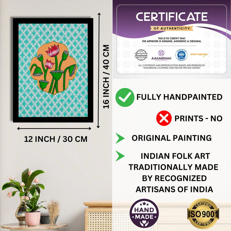Framed artwork with dimensions, authenticity certificate and handmade iso certified-lotus pichwai painting