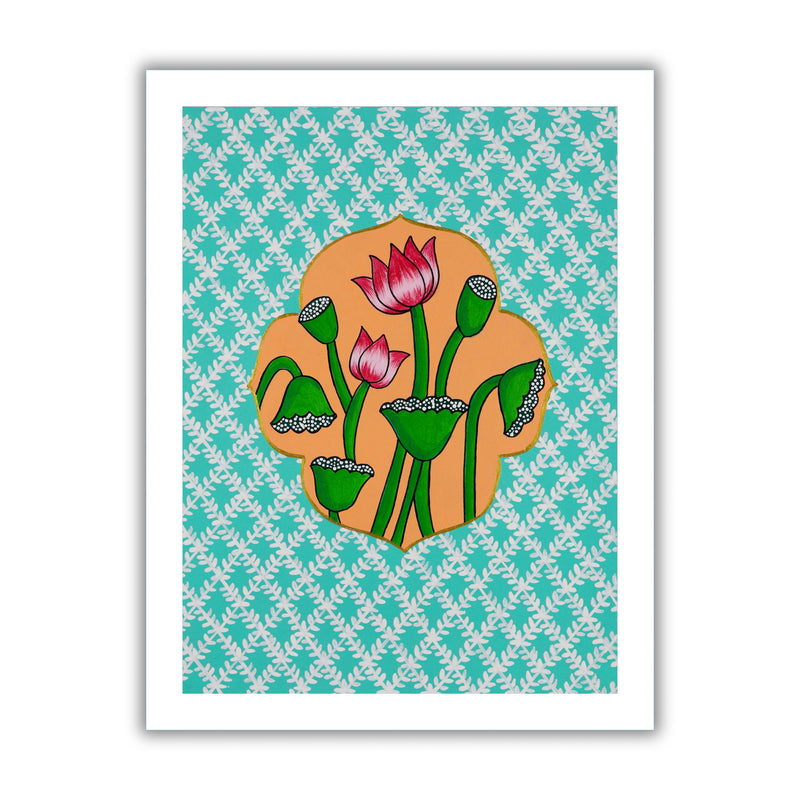 Framed artwork of a colorful lotus illustration on a light blue background-with handmade pichwai painting