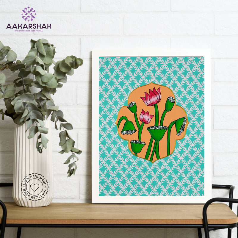Framed artwork with lotus design on a light blue background-handmade pichwai painting for home decor
