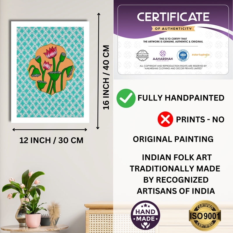 Framed artwork with dimensions, authenticity certificate and handmade iso certified-lotus pichwai painting