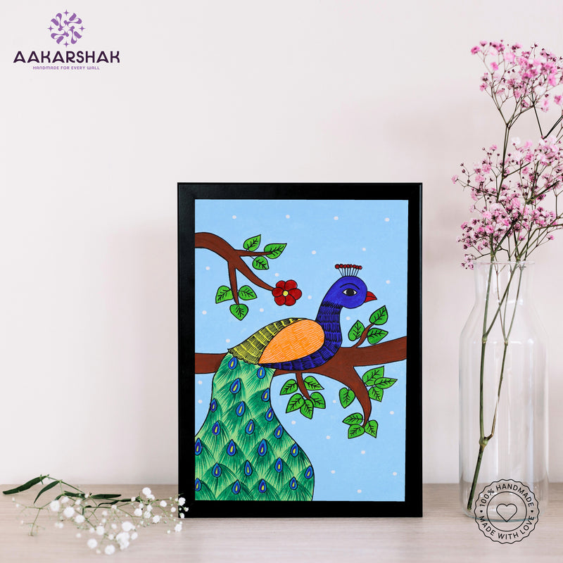 handmade pichwai peacock painting-with tabletop stand for home decor