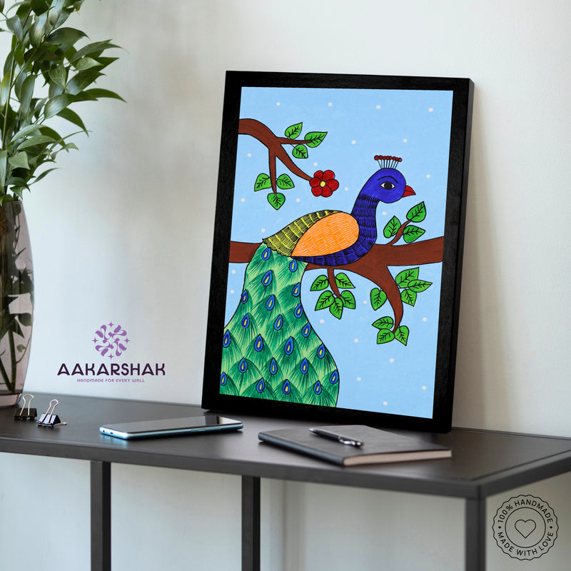 vibrant handmade peacock painting-depicting indian folk traditions