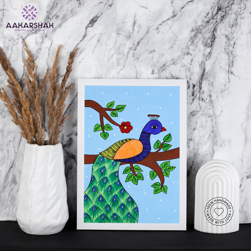 handmade pichwai peacock painting-with tabletop stand for home decor