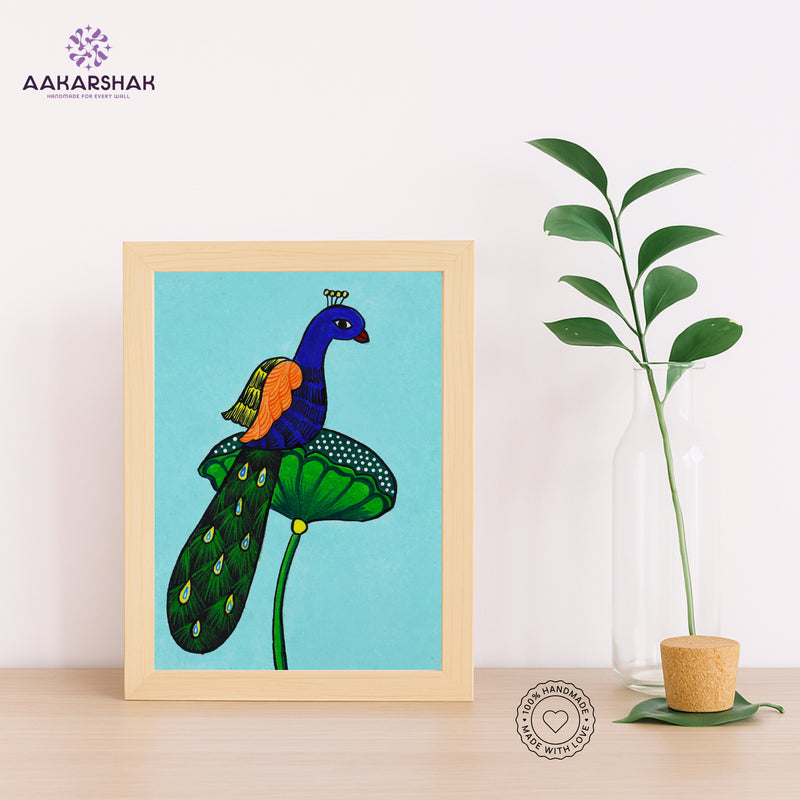 Handmade pichwai peacock painting-with tabletop stand for home decor