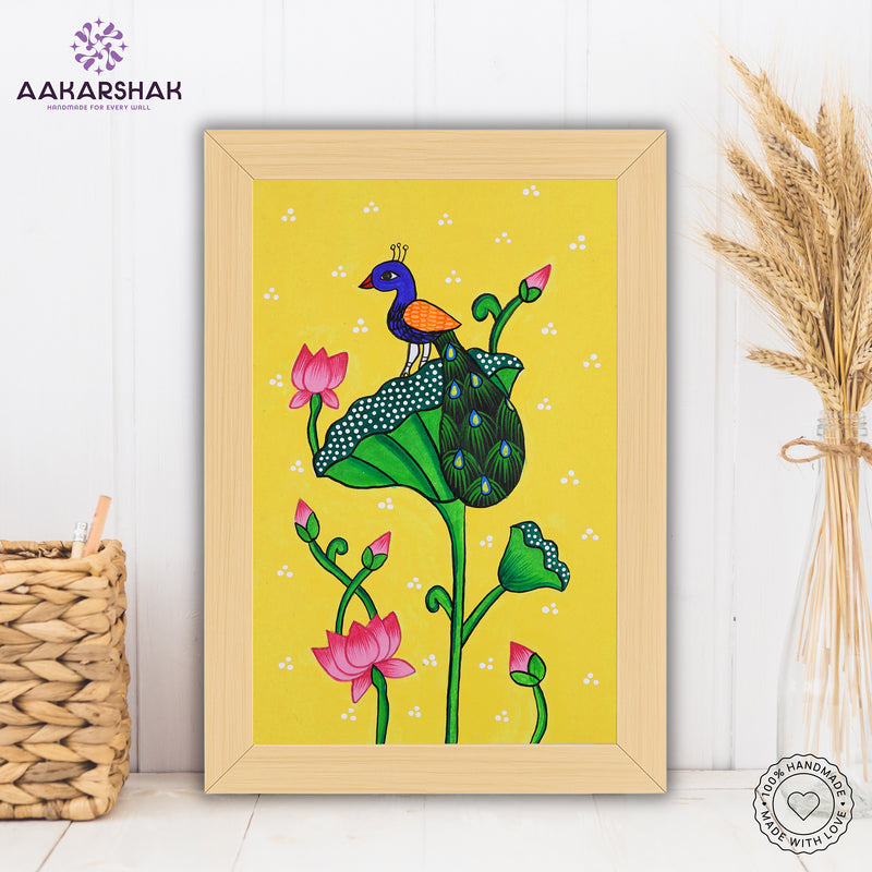 handmade pichwai peacock painting-with tabletop stand for home decor