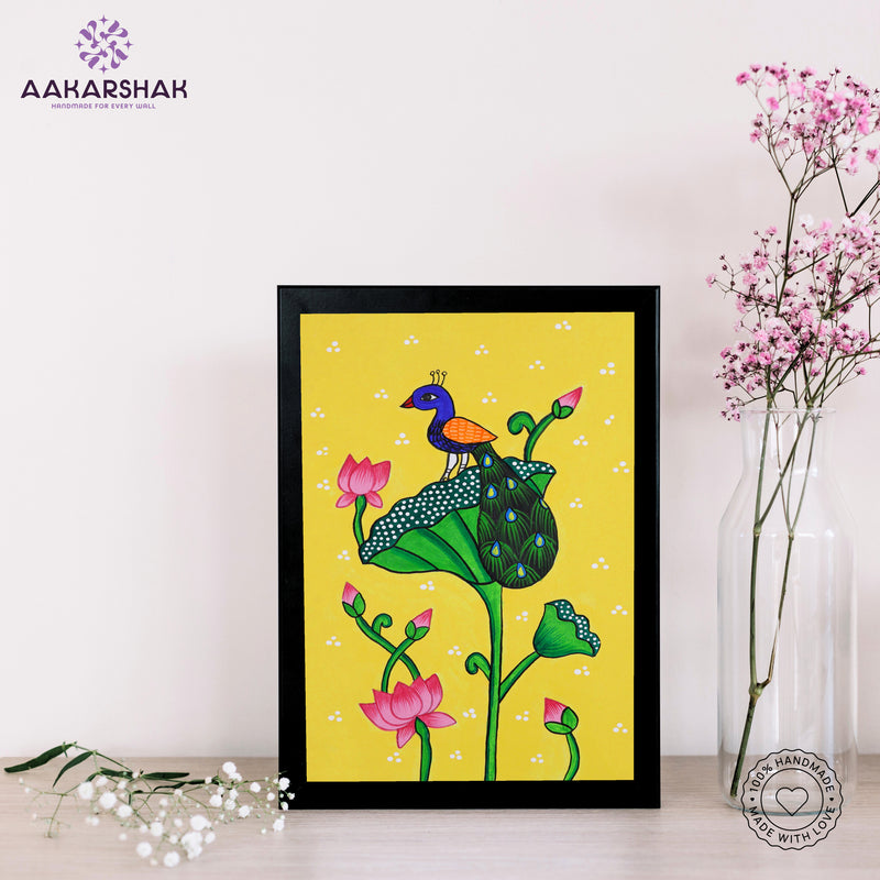 handmade pichwai peacock painting-with tabletop stand for home decor