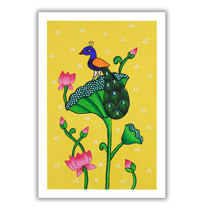 handmade pichwai painting peacock-in vibrant traditional folk art style