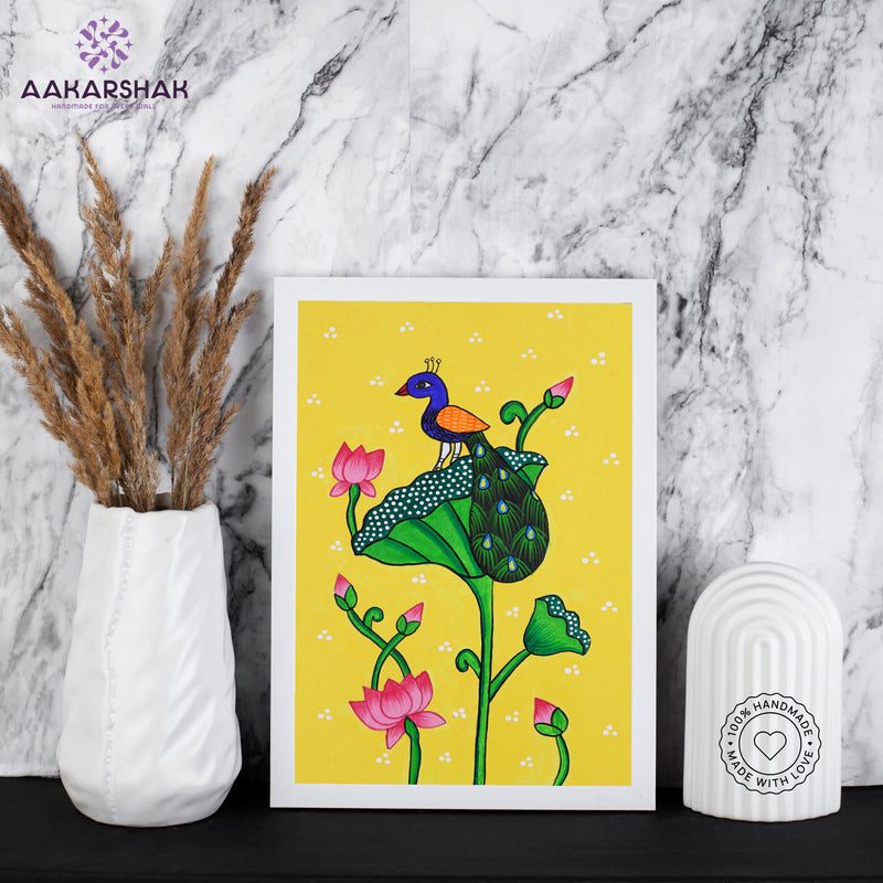 handmade pichwai peacock painting-with tabletop stand for home decor