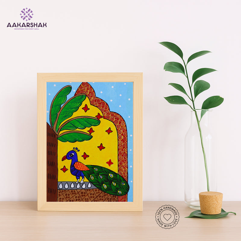 Handmade pichwai peacock painting-with tabletop stand for home decor