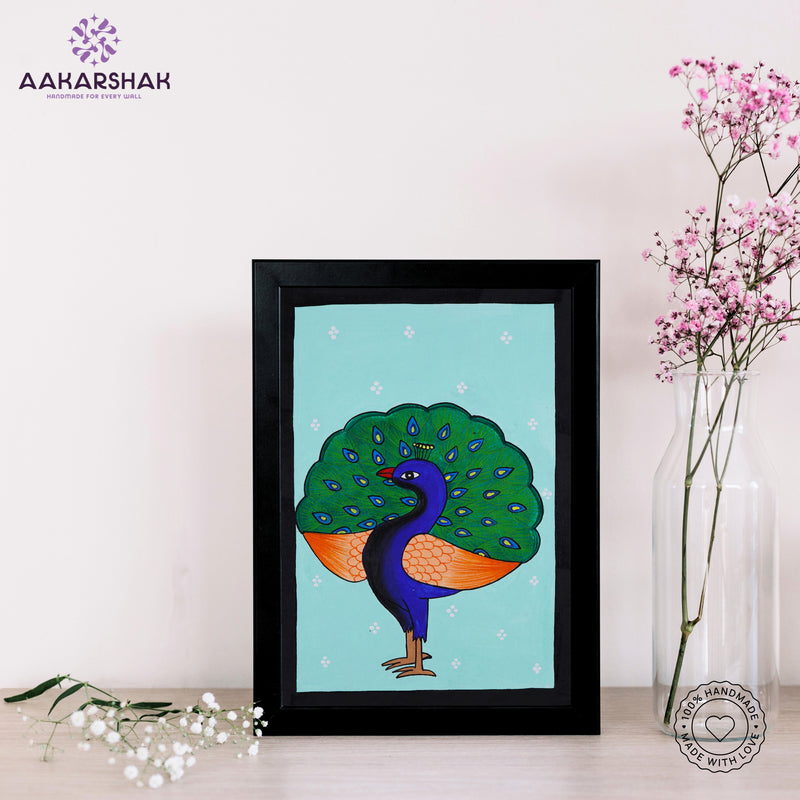 handmade pichwai peacock painting-with tabletop stand for home decor
