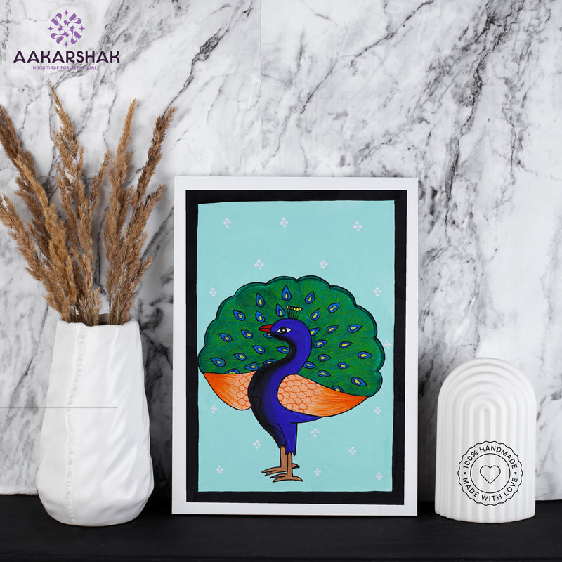 handmade pichwai peacock painting-with tabletop stand for home decor