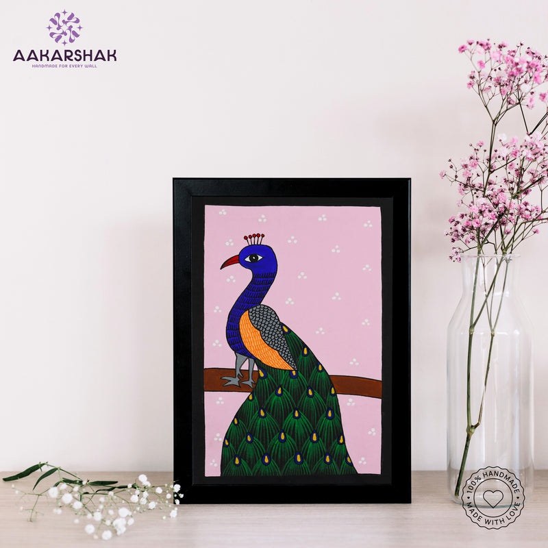handmade pichwai peacock painting-with tabletop stand for home decor