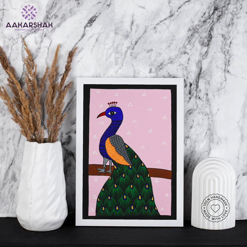 handmade pichwai peacock painting-with tabletop stand for home decor