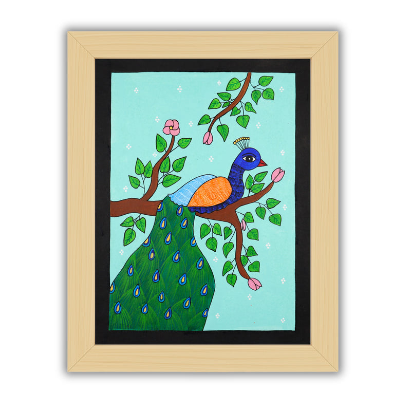 Framed artwork of a colorful peacock illustration on a light blue background-with handmade pichwai painting