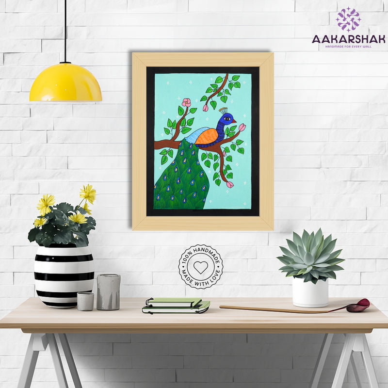 Framed artwork with peacock design on a light blue background-handmade pichwai painting for home decor