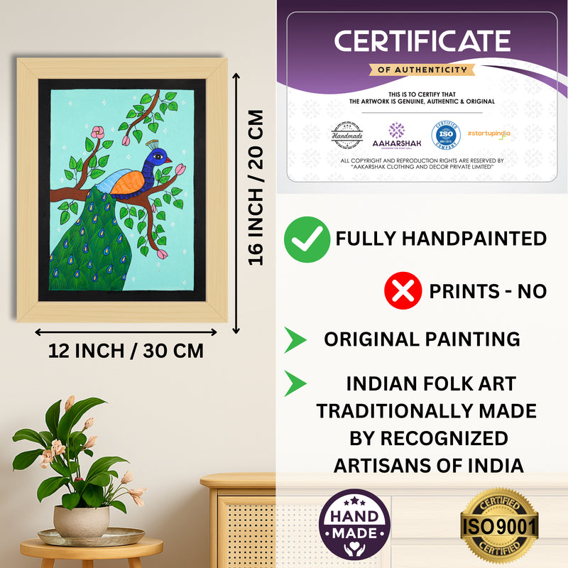 Framed artwork with dimensions, authenticity certificate and handmade iso certified-peacock pichwai painting