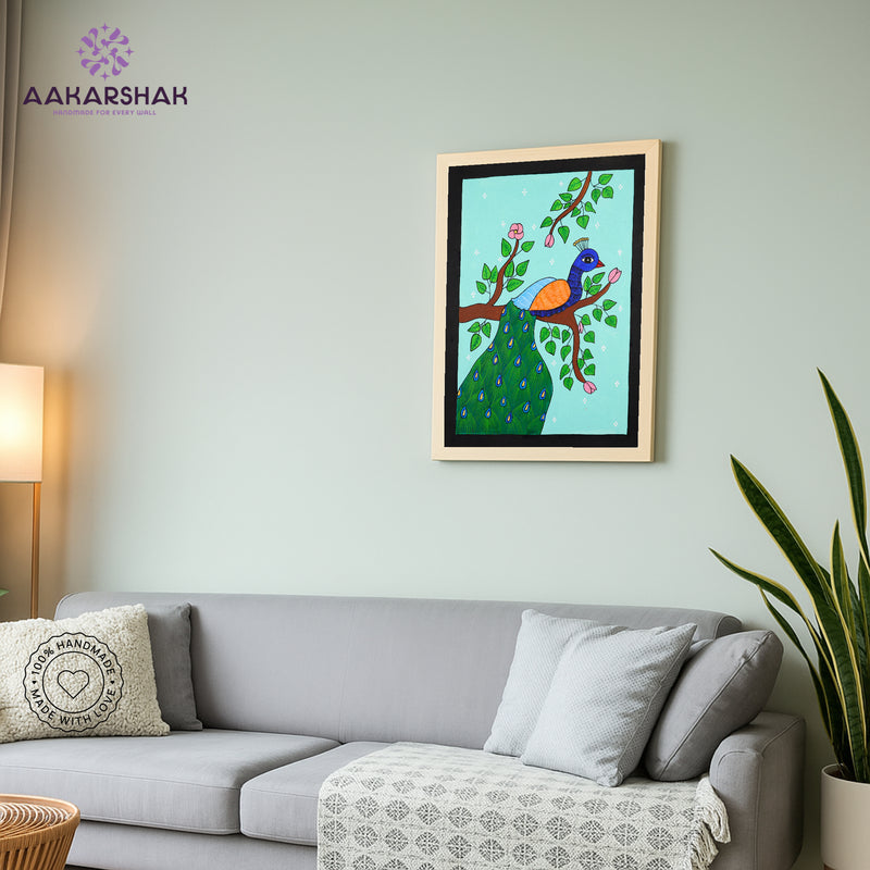 vibrant handmade peacock painting-depicting indian folk traditions