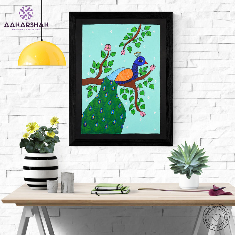 Framed artwork with peacock design on a light blue background-handmade pichwai painting for home decor