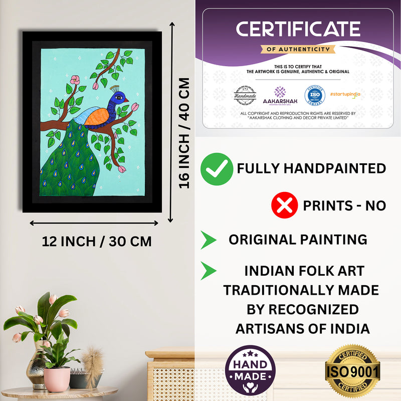 Framed artwork with dimensions, authenticity certificate and handmade iso certified-peacock warli painting