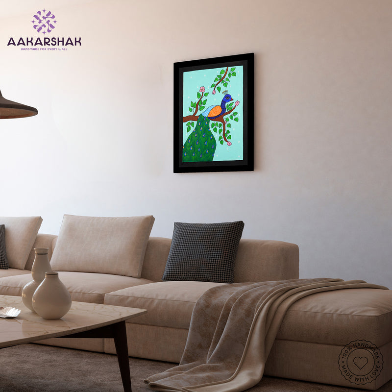vibrant handmade peacock painting-depicting indian folk traditions