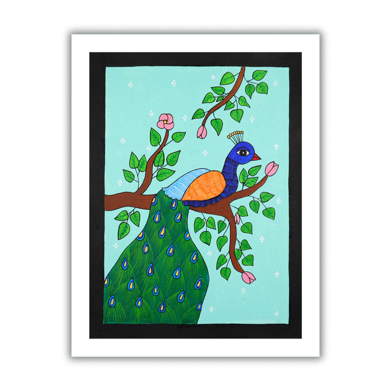 Framed artwork of a colorful peacock illustration on a light blue background-with handmade pichwai painting
